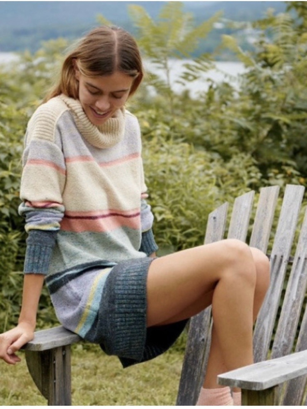 Anthropologie Striped Cowl-Neck Sweater Dress in Cream, Blue & Pink with cut out